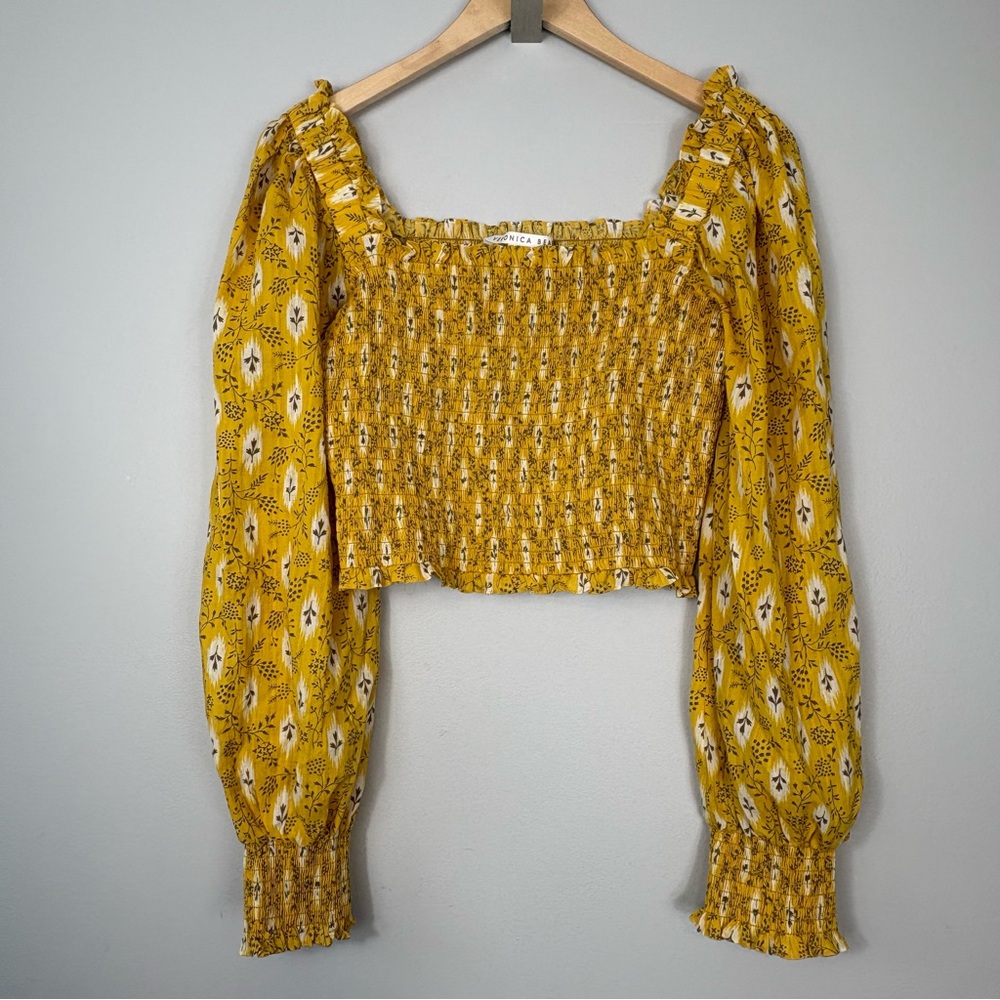 Veronica Beard Emerie Top in Sun Multi Sz 6 Smocked Crop - Picture 2 of 9